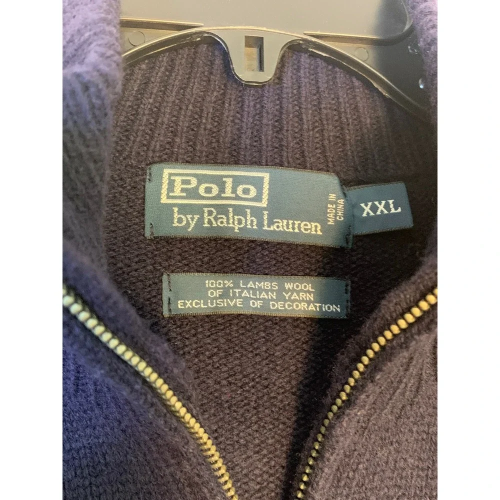 Polo Ralph‎ Lauren XXL Quarter-Zip Navy Blue Lambswool Leather Pull Sweater